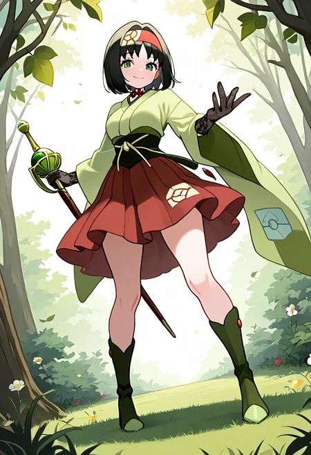 masterpiece, best quality,  curvy, beautiful eyes, narrow waist, wide hips, smile, looking at viewer, dynamic angle, foreshortening, close up,     zzErika, erika (pokemon), green eyes, short hair, black hair, red hairband,    <lora:ErikaPokemon_IXL:1.0>  [Lilyclad Duel Maiden], petal-layered skirt in pastel green and ivory, bloom-trimmed corset, high boots with vine-wrapped heels, floral choker with sapphire dew gem, sheer gloves with leaf stitching, thorn-cut rapier sheathed at hip, glade battlefield, grass swirling at feet, smirking stance,