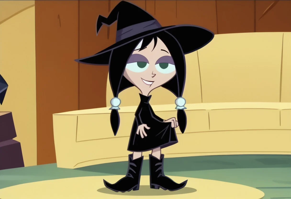 score_9, score_8_up, score_7_up BREAK MansonM, 1girl, black hair, dark green eyes, purple eyeshadow, white scrunchies, pigtails, black witch dress, black witch hat, black witch boots, closed smile, magic, magic spell, coven house indoors, scary coven background, screenshot, official art, parody, cartoon footage, official design, screencap, cartoon screenshot, official screenshot, 2d, cartoon, source_cartoon, full body,