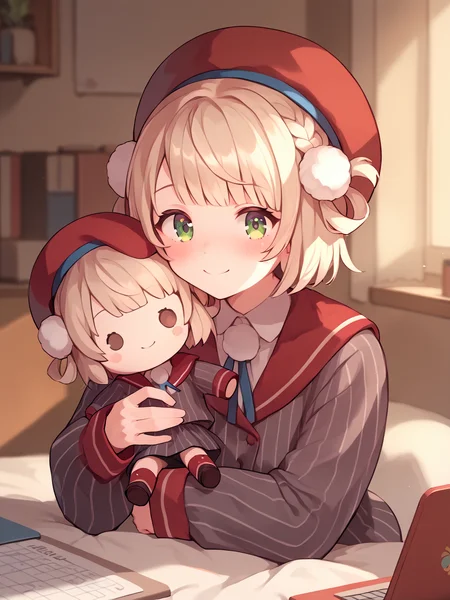 score_9, score_8_up, score_7_up, score_6_up, source_anime,
<lora:shigure-uimm.pony:1>, uimm, def,  beret, happy, light smile,
<lora:holding_fufu_doll_pony_d16:1>, holding character doll, hugging doll, bedroom, (computer:0.5),