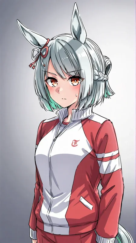 fujimasa march \(umamusume\),animal ears,green hair,two-tone hair,red ribbon,hair ornament,horse girl,horse ears,horse tail,braid,grey hair,short hair,orange eyes,red eyes,short hair,<lora:fujimasa_march:0.7>,tracen training uniform,