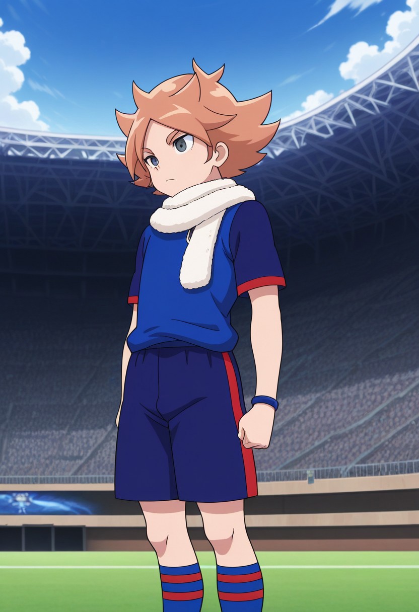 masterpiece,best quality,amazing quality, source_anime, 
FubukiAtsuya, 1boy, male focus, solo, grey eyes, orange hair, scarf, white scarf, orion soccer uniform, shirt, blue shirt, raglan sleeves, short sleeves, shorts, blue shorts, socks, blue socks, shoes, sneakers,
outdoor, sky, day, clouds, stadium,