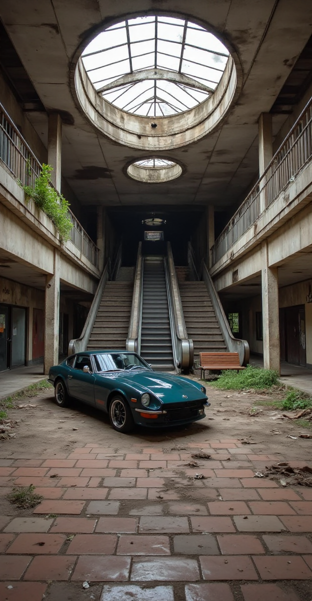 The black aftermarket alloy wheels with polished lips of the Datsun 240Z rest on the moss-covered tiles of a long-abandoned shopping mall, partially illuminated by a domed skylight coated in grime. The faint imprint of old footprints lingers in the dust, leading toward the remains of a shattered storefront. The deep tread patterns of the Toyo Proxes R1R performance tires contrast against the delicate growth of nature reclaiming the space. A lone escalator frozen in time, its steps covered in debris, stretches upward toward a second level where shadows swallow the distant hallways. A single wooden bench, untouched and strangely clean, remains centered in the main corridor, as if waiting for someone who will never return.
<lora:Liminal-Space-Flux:0.75>  <lora:ral-nssndtsn:1>
