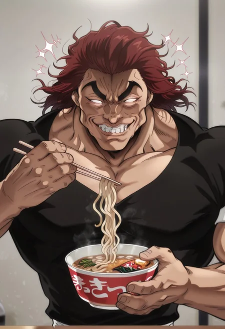 1boy, Yujiro-Hanma-IL.V1.0, Thick eyebrows, red hair, muscular, muscular male, blank eyes, black shirt, gesugao, evil smile, maruchan akai kitsune udon, noodles, table, holding bowl, holding chopsticks, clenched teeth, upper body, sparkle, (sparkling aura), eatingreactionmanga, straight-on, masterpiece, best quality, amazing quality,