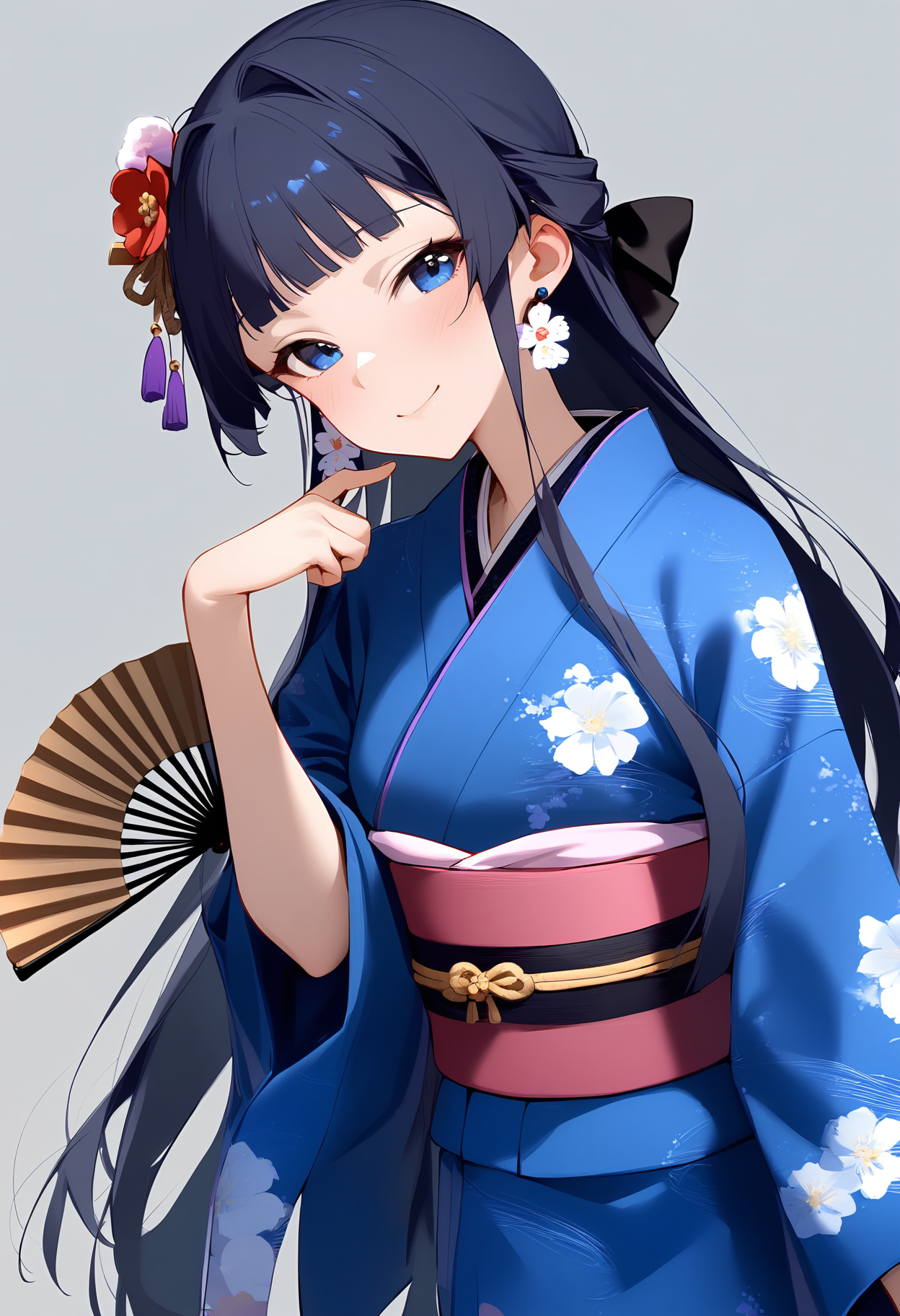 1girl,
mogami shizuka,


blue eyes, ribbon, half-closed eyes, alternate costume, tassel earrings, sash, hand on own cheek, holding fan, smile, blue kimono, tassel, solo, single sidelock, hand up, print kimono, blush, long sleeves, upper body, obi, yukata, simple background, flower earrings, japanese clothes, blue hair, floral print, holding, wide sleeves, earrings, head tilt, hair bun, looking at viewer, closed mouth, single side bun, jewelry, hand fan, hair ribbon, pink sash, grey background, kimono, blunt bangs, long hair, black ribbon, hand on own face,

sfw
<lora:a31_char_new_mogami_shizuka-000022:1> <lora:a31_style_koni-000010:0.8>