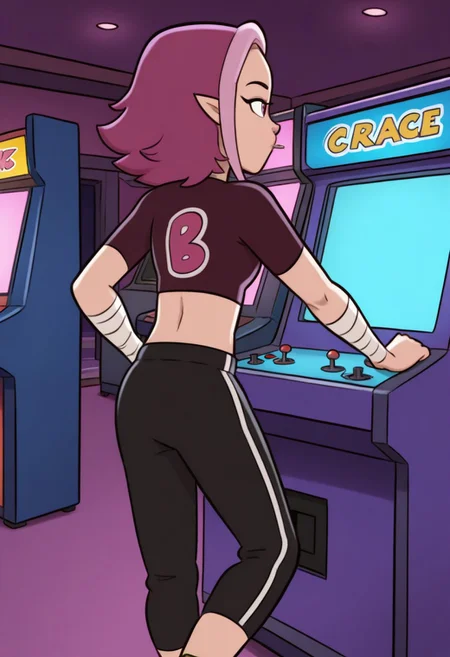 masterpiece, best quality, 1girl, solo, Jay, bandaged arms, pink eyes, medium hair, multicolor hair, short sleeved crop top, midriff, pointy ears, striped sweatpants, brown boots, tohstyle, posing, pose, indoors, nightclub, playing arcade machine,