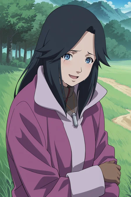 anime screencap, anime coloring, detailed face, masterpiece, best quality, very aesthetic, absurdres, volumetric lighting, official style, amazing quality, ultra detailed,  highres, amazing quality, scenery, beautiful detailed hair, beautiful detailed eyes
 <lora:Koyuki_Kazahana_Naruto_the_Movie_Ninja_Clash_in_the_Land_of_Snow_-_Illustrious_r2:1>
outside, grassy area, nature, warm, sunshine,
Koyuki Kazahana (character), black hair, long hair, blue eyes, Koyuki purple coat outfit, coat, gloves, necklace, jewelry, 
looking at the viewer, open mouth, happy girl, girl crying tears of joy, smile,