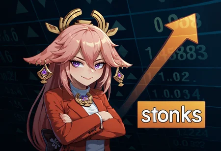 score_9, score_8_up, score_7_up, 1girl, stonks, arrow (symbol), crossed arms, formal, <lora:StonksMeme_pdxl_Incrs_v1:1.2>, yae miko, smile, english text,