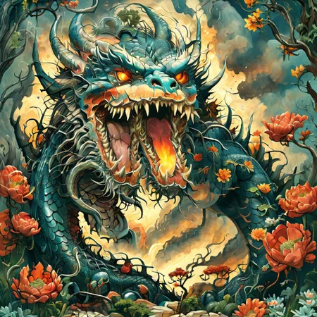 epic  detailed Dragon billy gibbons, agfa vista 200，Tsutomu Nihei，Hieronymus Bosch, cinematic Alexander Fedosavwide image,3d render realistic ancient  flower couple style of Dan Mumford, style of Mattias Adolfsson