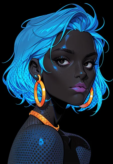 masterpiece, best quality, absurdres, very aesthetic, D3ND3N, solo, jewelry, earrings, black background, short hair, looking at viewer, portrait, blue hair, shadow, simple background, 1girl, hoop earrings, halftone, upper body, colored skin