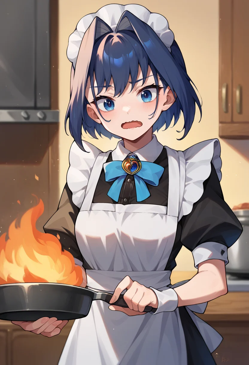score_9, score_8_up, score_7_up, 1girl, solo, OuroKronii, short hair, hair intakes, maid, maid headdress, maid apron, kitchen, cooking, wavy mouth, open mouth, panicking, frying pan, on fire, <lora:CHAR-OuroKroniiPonyXL:1>
