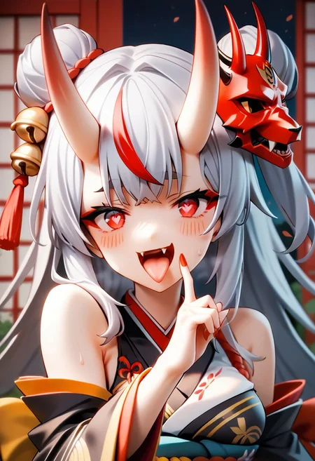 score_9,score_8_up,score_7_up,source_anime, 1girl,solo,long hair,breasts,looking at viewer,blush,open mouth,long sleeves,hair ornament,red eyes,bare shoulders,upper body,white hair,grey hair,multicolored hair,heart,sweat,red hair,frills,horns,detached sleeves,japanese clothes,tongue,virtual youtuber,fang,tongue out,wide sleeves,kimono,hair bun,nail polish,streaked hair,two side up,symbol-shaped pupils,sash,gradient hair,double bun,bell,mask,fangs,heart-shaped pupils,obi,frilled sleeves,tassel,rope,red nails,jingle bell,finger to mouth,oni,hair bell,mask on head,black kimono,oni mask,nakiri ayame,nakiri ayame \(1st costume\),