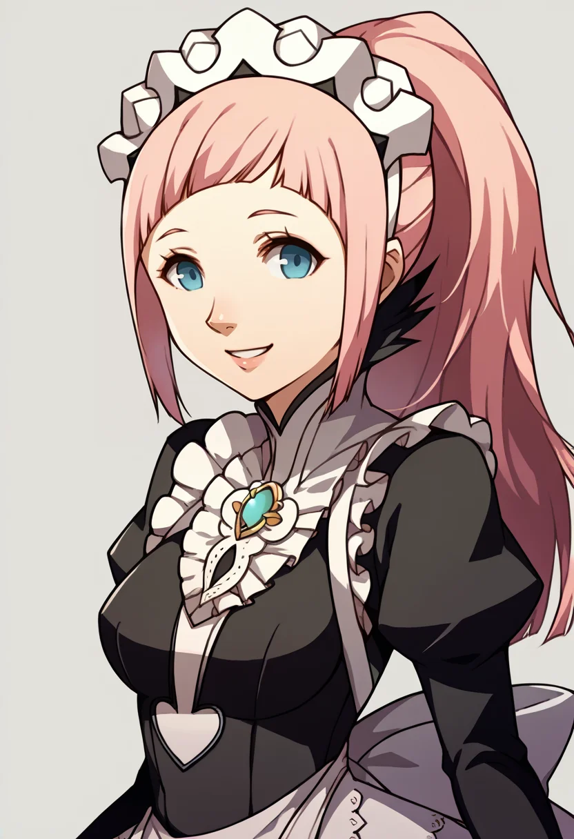 score_9, score_8_up, score_7_up, source_anime, BREAK, solo, 1girl, smile, looking at viewer, <lora:P4-Portraits-pdxl_Fp:1>, simple background, portrait, <lora:felicia-fe-richy-v2_pdxl:1>, flcdf, blue eyes, pink hair, long hair, ponytail, maid headdress, black feathered collar, blue brooch, breasts, maid, juliet sleeves, maid apron, bridal gauntlets