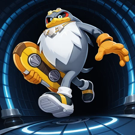 <lora:Storm_the_Albatross_Sonic_the_Hedgehog_-_Illustrious:1> Storm the Albatross, 1boy, full body, goggles on head, gloves, necklace, shoes, running, holding object, holding hoverboard, tunnel, cyber background, dark background, wireframe background, lights, from below, blue eyes, masterpiece, masterwork