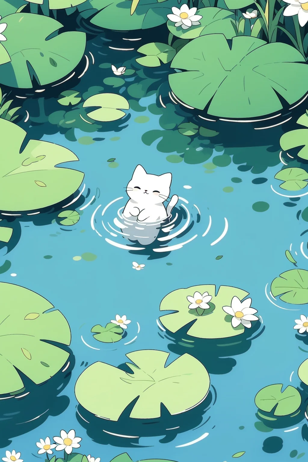 closed_eyes, flower, outdoors, day, water, no_humans, animal, cat, white_flower, animal_focus, ripples, lily_pad, white_cat