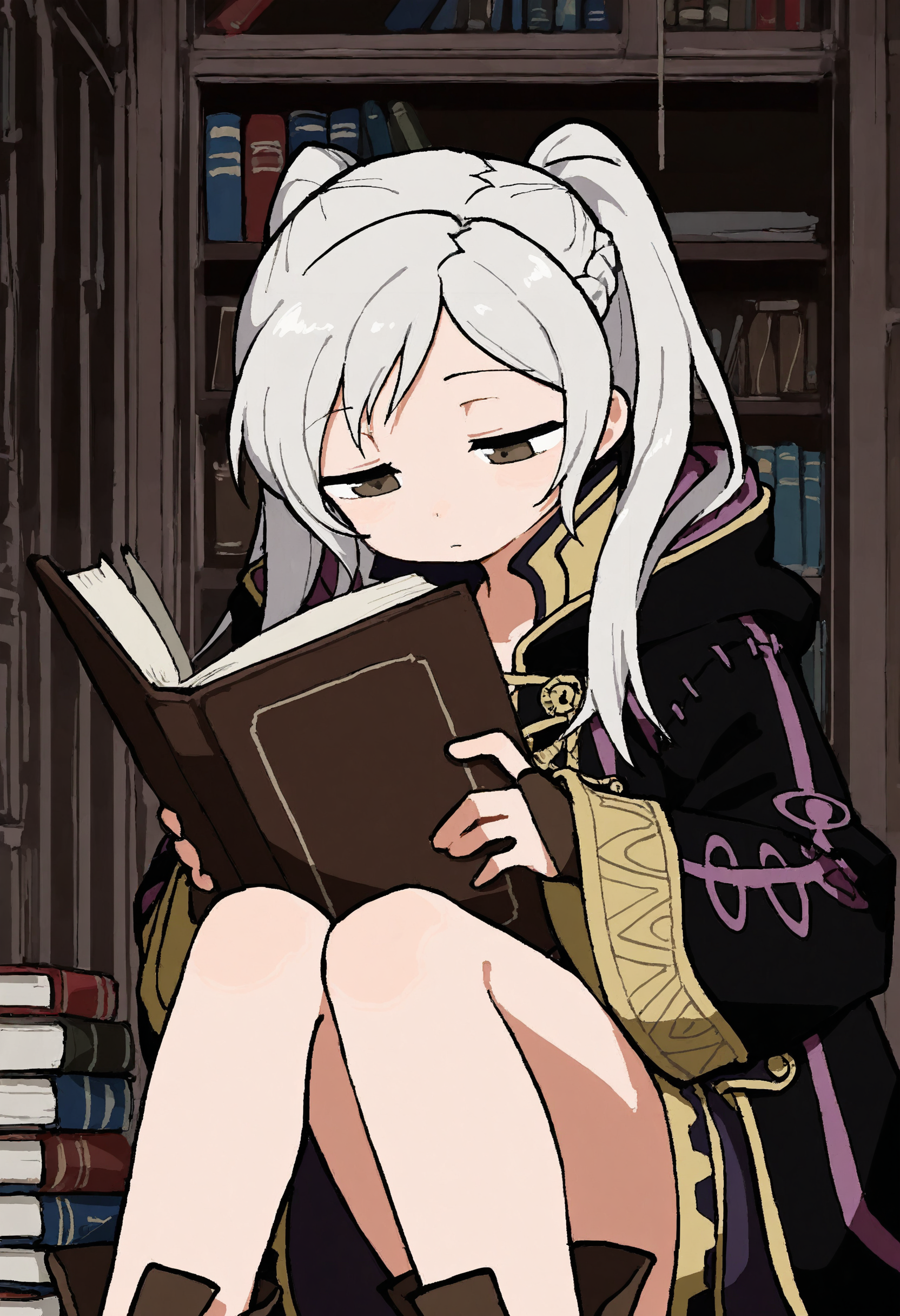 masterpiece, best quality, absurdres, very aesthetic, highres, very awa, 
odyk, jaggy lines, solo, robin \(fire emblem\), holding book, half-closed eyes, 
<lora:odyk:0.9>