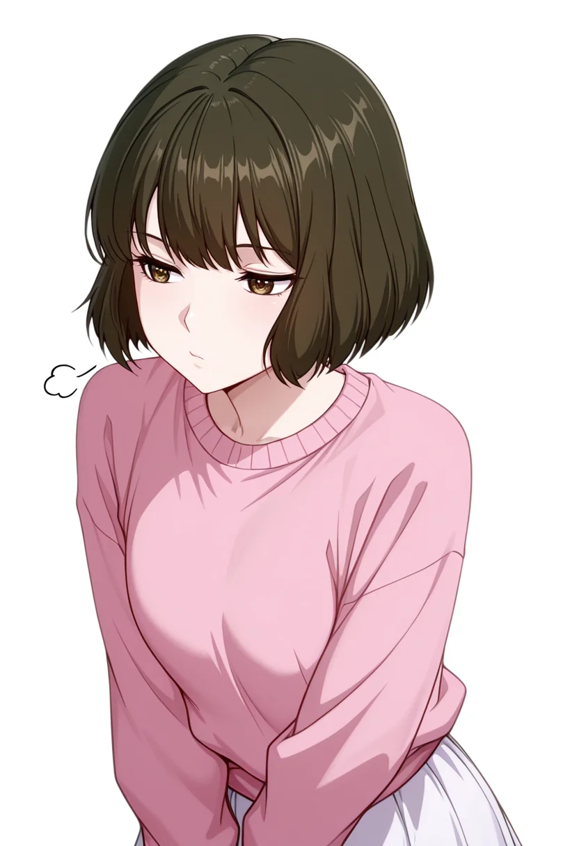 masterpiece,high quality details, absurdres,
<lora:Akira_Dojima_V2:0.8> akira_cnr,1girl, brown hair, short hair, bob cut, bangs,brown eyes, akira_def, white skirt,pink sweater,, simple background, white background, front view,solo,, aroused,sigh,