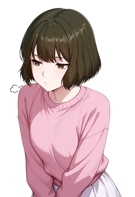 masterpiece,high quality details, absurdres,
<lora:Akira_Dojima_V2:0.8> akira_cnr,1girl, brown hair, short hair, bob cut, bangs,brown eyes, akira_def, white skirt,pink sweater,, simple background, white background, front view,solo,, aroused,sigh,
