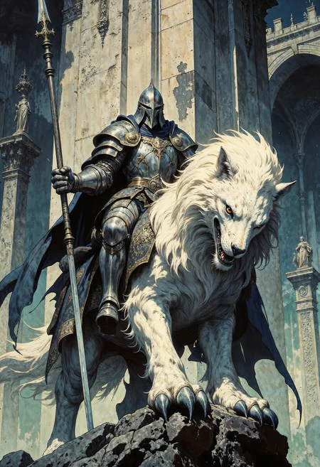 a knight in shining armor riding a large, majestic griffin. The knight is clad in silver armor with intricate detailing, holding a long spear. The griffin, a mythical creature with the body of a lion and the head and wings of an eagle, is depicted with detailed feathers and a powerful stance. The background features towering stone structures with classical architectural elements, such as columns and statues, suggesting an ancient or mythical setting. The lighting is dramatic, casting shadows that enhance the epic and adventurous atmosphere of the scene. The color palette is dominated by cool tones, with shades of gray, blue, and hints of green, contributing to the mystical and grandiose feel of the artwork.