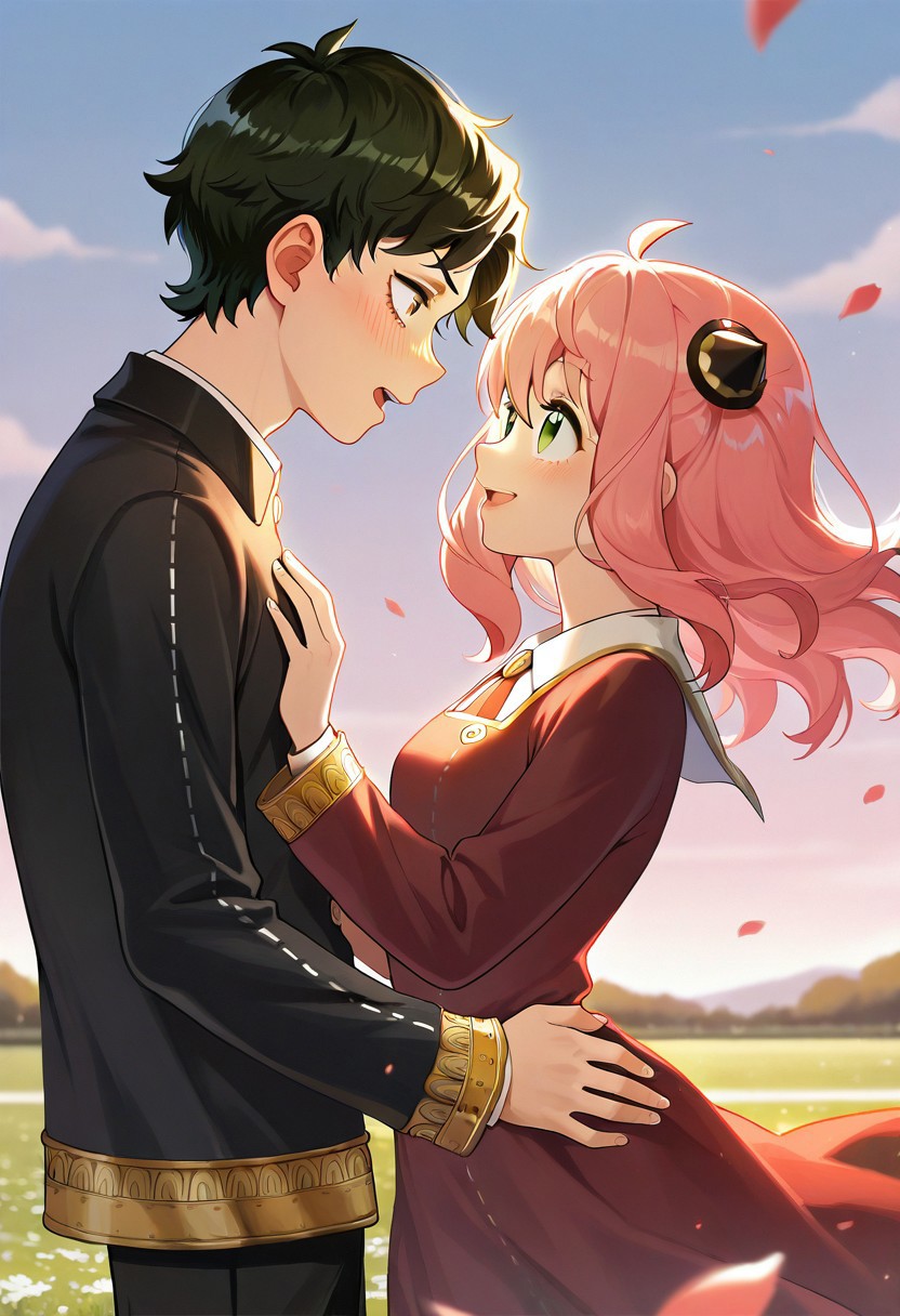 masterpiece,best quality,amazing quality, damian desmond, anya forger, green eyes, pink hair, hairpods, short hair, black hair, brown eyes, 1girl, 1boy, blush, aged up, hetero, smile, looking at another, school uniform, dress, petals, sky, long sleeves, outdoors, open mouth, red dress