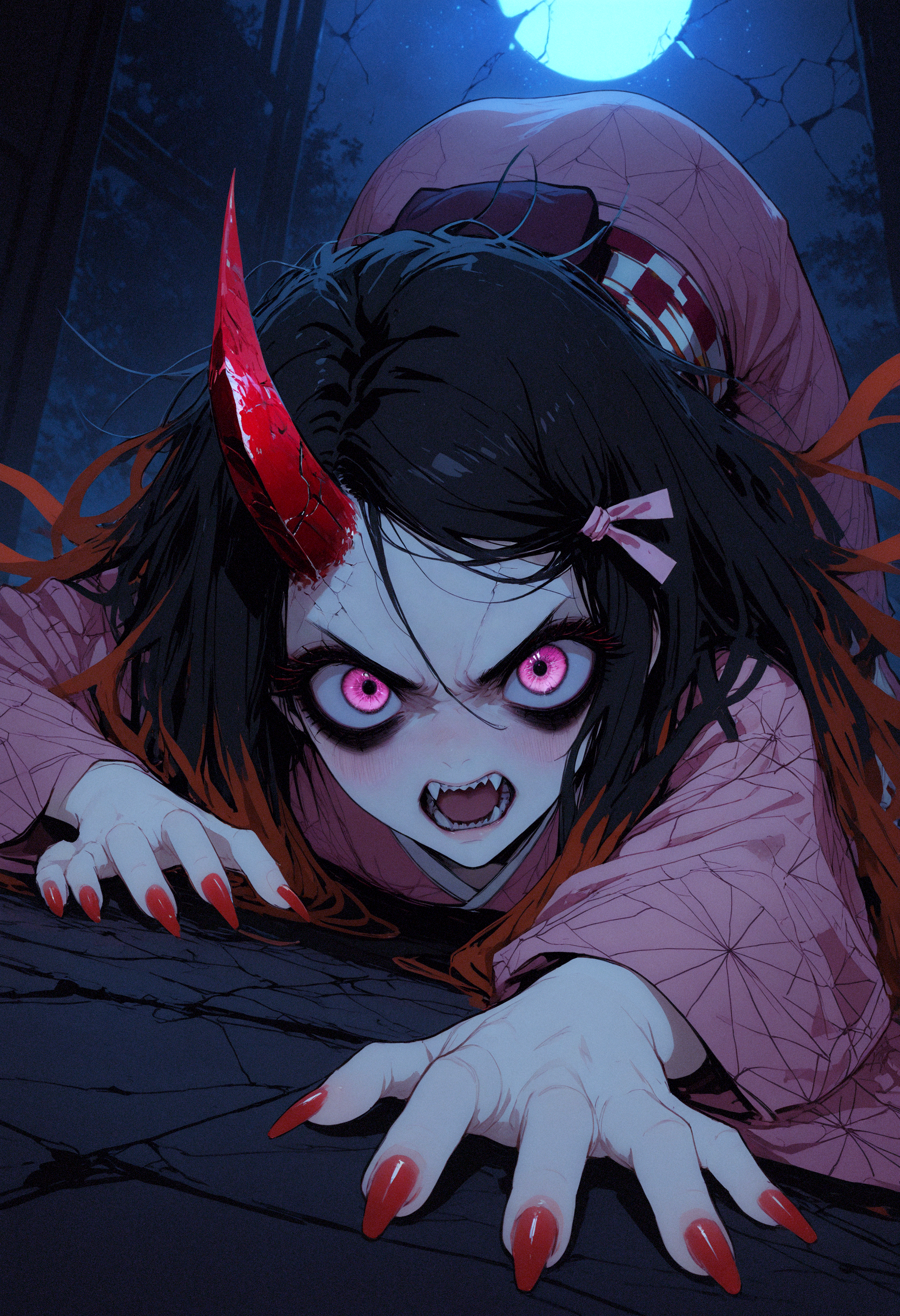 masterpiece, best quality, good quality, very awa, newest, highres, absurdres, kamado nezuko,
1girl, solo, long hair, black hair, pink eyes,
looking at viewer, blush, reaching towards viewer, open mouth,
long sleeves, japanese clothes, kimono, nail polish, Pink hair ribbon, fingernails, v-shaped eyebrows, fangs, demon horns, sharp teeth, all fours, messy hair, red nails, angry, reaching, sharp fingernails, top-down bottom-up, pink kimono, Single red horn, Low Angle,
dim lighting, crack of light, moonlight, night, Cinematic Lighting, xxx667_illu, mythp0rt,
tfaix, messy lineart, bags under eyes, (black eyeshadow:0.8), big eyes <lora:illustriousXL_stabilizer_v1.23:0.3> <lora:NOOB_vp1_detailer_by_volnovik_v1:0.3> <lora:ponyv6_noobE11_2_adamW-000017:0.3> <lora:XXX667:0.55> <lora:ILLMythP0rtr4itStyle:0.8> <lora:tenebriflora-wai:0.75>
