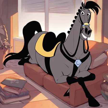 score_9, score_8_up, score_8, score_7, source_cartoon, Pearl(101), Solo, 1girl, feral, horse, grey fur, black hair, black horse tail, black eyes, reins, yellow and black saddle, full body, looking at viewer, smile, lying on stomach, living room setting,