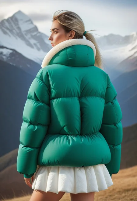((((sherpa puffer padded jacket)))), ((((sharpa puffer padded coat)))), ((((puffer skirt)))), ((((cowboy shot)))), ((((from back)))), standing, winter, snow, mountains, 1girl, solo, (masterpiece), (detailed face, detailed eyes), (beautiful detailed eyes:1.5), sidelighting, (super detail, hyper detail, intricate_details, detailed), looking at viewer, (semi realistic:1.6), very detailed face, (Blonde hair), (white hair), absurdly long hair, hair between eyes, (straight hair), (green eyes), put your hair behind your ears, eyelashs, eyeliner, (eye shadow:0.5), wet hair, sweat, white skin, Angry face, (blush), padded cuffs, padded collar, Thick padded cuffs, Thick padded collar, <lora:Collar-SDXL:0.6>, <lora:Cuffs-SDXL:0.6>, <lora:Puffer_Jacket_and_Down_Jacket_-_Extra_Puffy_Jackets:0.6>, <lora:puffer_skirt_v1:0.6>