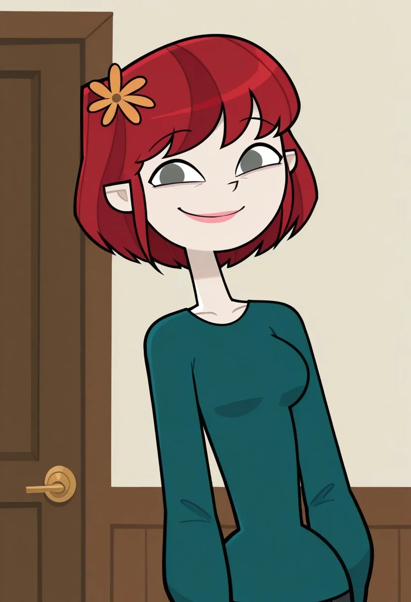 masterpiece,best quality,amazing quality, 1girl, solo, Lake_DC_IL, pale skin, black gray eyes, pink lips, orange flower on hair, dark red hair, short hair, dark teal sweater, looking at viewer, indoors, room background, (portrait) happy, smile, standing, no pupils (closed mouth)