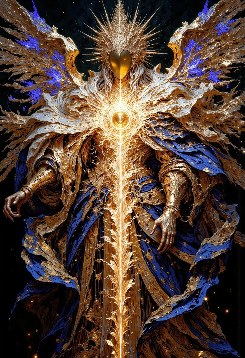 intricate, iridescence, 8k, 16k, gradient background, feel the blessed sunlight, the angel's caress, the cosmic order now right, gaze upon the blessed light, here be God, side camera angle, iridescence, glow, silver, platinum, gold, starlit, dynamic, motion lines, action shot, dutch angle, mythp0rt, DB4RZ, DB4RZ style painting