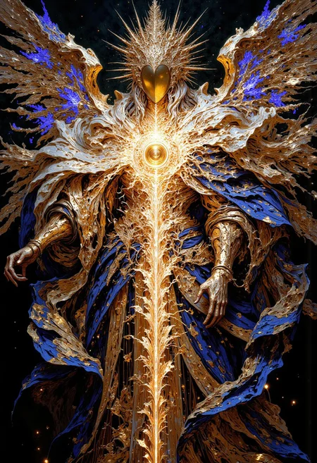 intricate, iridescence, 8k, 16k, gradient background, feel the blessed sunlight, the angel's caress, the cosmic order now right, gaze upon the blessed light, here be God, side camera angle, iridescence, glow, silver, platinum, gold, starlit, dynamic, motion lines, action shot, dutch angle, mythp0rt, DB4RZ, DB4RZ style painting