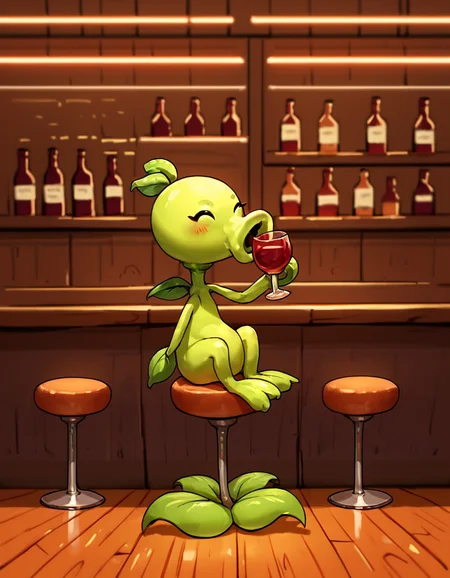 score_9, score_8_up, score_7_up, score_6_up, score_5_up, score_4_up, source_anime, , peashooter, creature, sitting, bar, drinking wine, happy