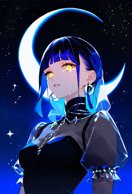 black theme, blue theme, black background, 1girl, light, full body, see-through, yellow eyes, black dress, upper body, earrings, juliet sleeves, star \(sky\), looking at viewer, blue hair, crescent moon, parted lips, black hair, hair intakes, crying with eyes open, blunt bangs, sidelocks, night sky, glowing, breasts, outdoors, night,
score_9, score_8_up, score_7_up, score_6_up, source_anime, absurdres, masterpiece, best quality, very aesthetic
<lora:pony_color_theory_dora_v1:1.1>