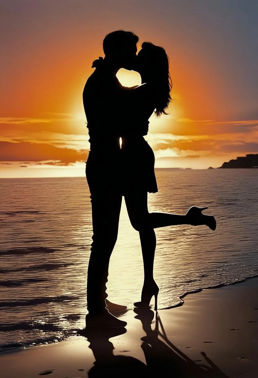 Score_9, score_8_up, score_7_up, silouhette, silhouette, couple, 1girl, 1man, hetero, hugging, kissing, passionate,  one leg up, high heels, beach, sunset