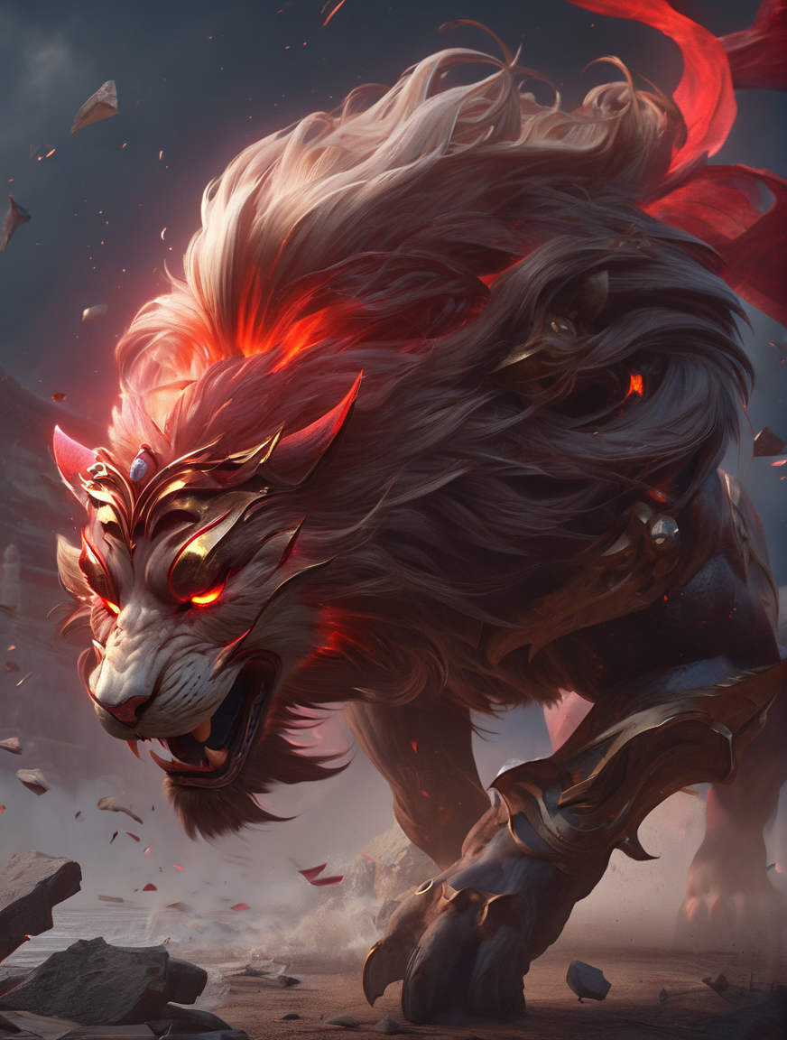 absolutelly epic and ominous masked lion,animal,protected by raging vortex of glowing shards of destruction,heavy armor,cinematic,trending,awardwinning,8k,bldmoon,cloudy sky,oriental,full moon,red glowing eyes,<lora:bloodmoonXL-step00000250:0.6>,zhelong zhu,aleksi briclot,ryan hewett,octane render,unreal engine 5,ray tracing,trending on artstation,splash art,official art