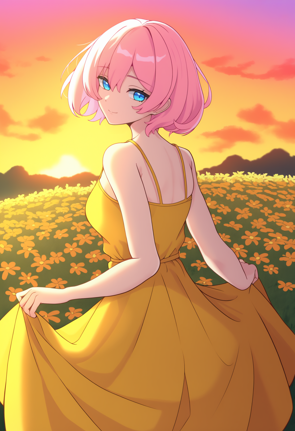 newest, from behind, solo, 1girl, slight smile, looking back, skirt hold, short hair, pink hair, blue eyes, yellow sundress, spaghetti strap, bare shoulders, outdoors, sunset, cloud, grass, flower field
<segment:yolo-Anzhc Face seg 640 v3 y11n.pt,0.5,1//cid=11>