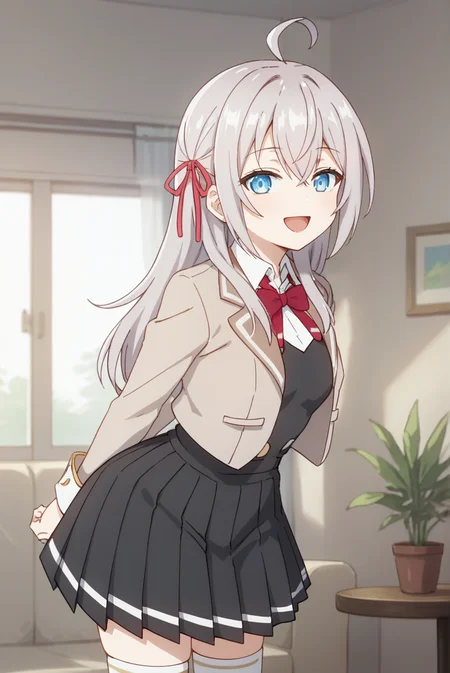 score_9, score_8_up, score_7_up, score_6_up, score_5_up, score_4_up, BREAK source_anime, 1girl, solo,
<lora:MikhailovnaXL-v1-07:0.7>, ChopioAlisa, grey hair, long hair, ahoge, hair between eyes, crossed bangs, hair ribbon, blue eyes, looking at viewer,
outfit_1, beige jacket, cropped jacket, open jacket, long sleeves, bowtie, white collar, black dress, sleeve cuffs, pleated skirt, white thighhighs, zettai ryouiki,
living room, standing, smile, arms behind back, leaning forward, open mouth, from front, from side,