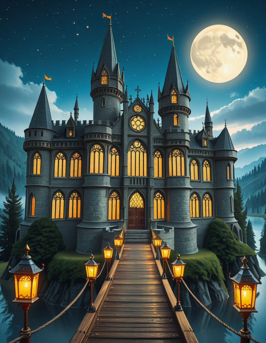 A majestic, ancient castle perched on a rocky hill, serving as a prestigious school for young wizards. The castle is a grand structure with towering spires, intricate gothic architecture, and large stained-glass windows that glow with magical energy. The stone walls are covered in ivy, and enchanted lanterns float around the entrance, casting a soft, mystical glow. A massive wooden bridge leads to the main gate, suspended over a misty, enchanted lake that reflects the moonlight. In the background, rolling green hills and dense, fog-covered forests surround the school, adding an air of mystery. The sky is a deep twilight blue, with stars twinkling and a full moon shining brightly. Some windows in the castle emit warm, golden light, hinting at classrooms filled with spellbooks and students practicing magic. A few owls are seen soaring above, delivering messages. The atmosphere is magical, mysterious, and full of wonder, as if the castle itself is alive with enchantments.
<lora:SDXLFaeTastic2400:0.4> <lora:extremely_detailed:0.4> extremely detailed,ancient c4stl3, <lora:ancient_c4stl3-i:1>, Masterpiece,best quality,hi res,8k,hi res,8k,award winning,(sharp focus, intricate, highly detailed),