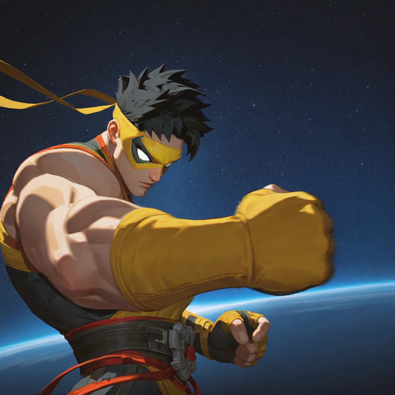 <lora:IRONFIST:1>ironfist, solo, looking at viewer, short hair, black hair, 1boy, gloves, upper body, male focus, sleeveless, belt, fingerless gloves, muscular, mask, night, muscular male, star (sky), night sky, motion blur, fighting stance, space, white eyes, asymmetrical gloves, no pupils, yellow gloves, single elbow glove, domino mask, eye mask, weapon, sky, starry sky, motion blur, film grain, abstract, natural lighting, fantasy, cinematic, dynamic, very awa, masterpiece, best quality, absurdres, newest, perfect quality, detailed background, intricate details, (artist:fl \(l-fl\):0.7), (artist:tooboshoo:0.7), (artist:dizdoodz:0.8)