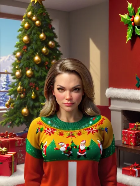 woman wearing a, <lora:Ugly_Christmas_Sweater:1> uglyxmas, living room, full_shot, front view, <lora:PerfectEyesXL:0.8> perfecteyes, Photo, realistic, colorful, vivid, beautiful, photorealistic, 16k resolution, intricate, highly detailed, gorgeous, 3D shading, by Greg Rutkowski,