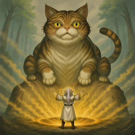 masterpiece, best quality, newest, absurdres, highres, SGV1.0, 1girl, frieren, elf, pointy ears, pigtails, white robe, outstretched arms, size difference from behind, BREAK cat, oversized animal, animal, giant, giant cat