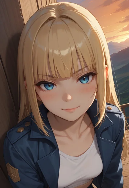 (score_9, score_8_up, score_7_up), 1girl, solo,( blonde hair), blue eyes, long hair, hime cut, long bangs, small breasts, collarbone, open jacket, white crop top, leather jacket, blue jacket, sunset, leaning on wall, wooden wall,
( face focus, from above, close-up:1.4), metal railguard, mountains,
fisheye, (relaxed, dutch angle:1.2),
smug, blush