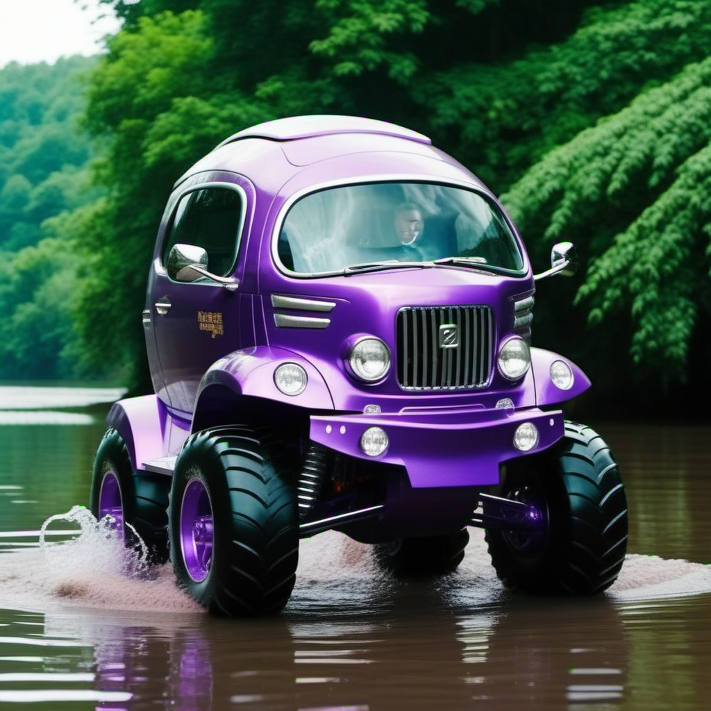 a pearly purple bubble monstertruck car, in a river, water splashes, mud, jungle,  highly detailed, attack on titan, photography, ultra sharp, film, professional, 64k <lora:PeaCar1024:0.8> <lora:add-detail-xl:1.5>