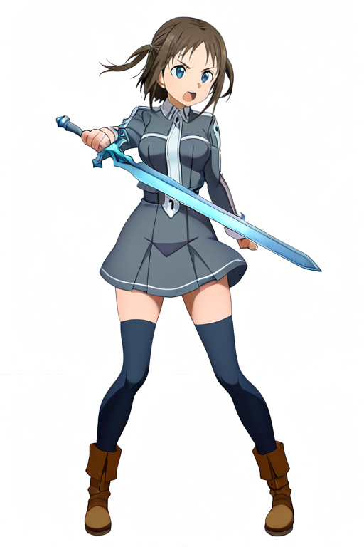 masterpiece, High quality, Ultra detailed, 2d, newest, absurdres, highres, BREAK
1girl, solo, <lora:ronye_arabel:0.8>, ronye_arabel_(sword_art_online), short hair, brown hair, two side up, blue eyes, 
medium breasts, ronyeDef, long sleeves, school uniform, grey jacket, necktie, grey skirt, pleated skirt, zettai ryouiki, black thighhighs, brown footwear, boots, 
full body, legs apart, fighting stance, holding weapon, sword, angry, open mouth,