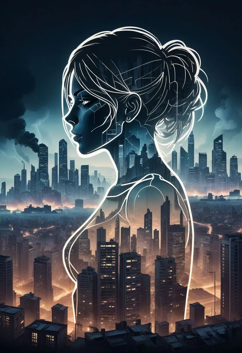 The outline of a woman, through the outline the viewer can see a sprawling post-apocalyptic city, smoky, double exposure,