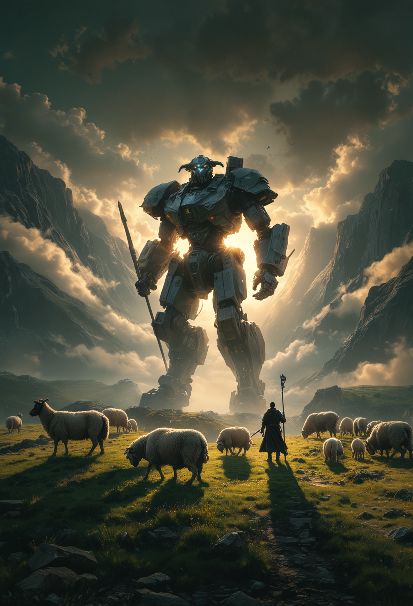 A fantasy landscape with a colossal and gigantic mech figure towering over a shepherd and his sheep. The lighting is dramatic, casting long shadows over the scene. Use a dark color scheme to create a sense of foreboding., <lora:MJ52:0.3>, <lora:MJ52_v2.0:0.7>, <lora:add-detail-xl:1>