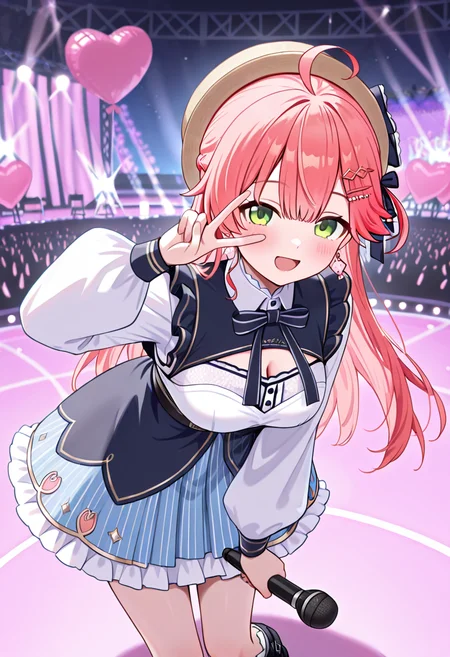 masterpiece,best quality,absurdres,perfect lighting,outdoors,stage,stage lights,balloon,heart,
*//*,<lora:Sakura_Miko-Illustrious:1>,sakumiko_1offset,1girl,solo,sakura miko,virtual youtuber,green eyes,pink hair,long hair,bangs,ahoge,hair ornament,hairclip,cleavage cutout,official alternate costume,alternate costume,long sleeves,dress,layered skirt,white shirt,striped skirt,blue skirt,frilled skirt,hat,boots,black footwear,earrings,jewelry,holding,microphone,
*//*,looking at viewer,cowboy shot,light smile,open mouth,leaning forward,v over eye