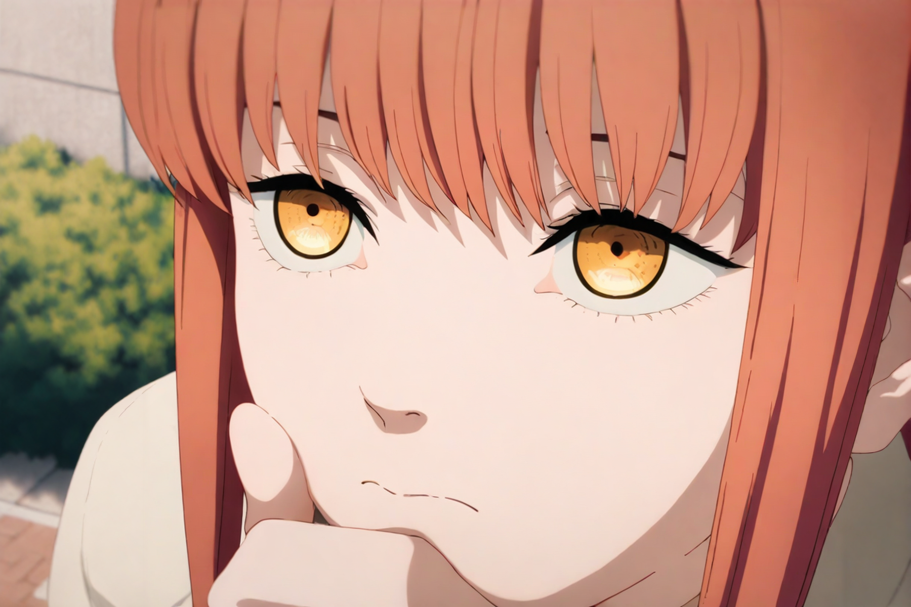 1girl,makima,yellow eyes,braid,red hair,solo,braided ponytail,sidelocks,closed mouth,looking up,blurry,outdoors,shirt,long hair,frown,bush,portrait,blurry background,solo focus,hand on chin,
<lora:Chainsaw man animation style-NOOB05-lokr>,
