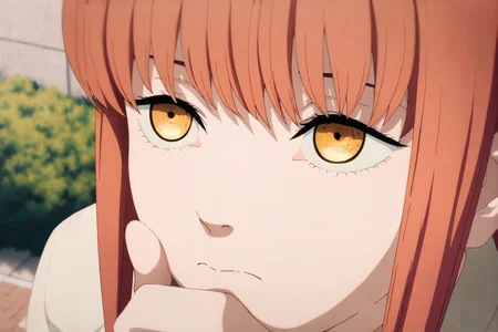 1girl,makima,yellow eyes,braid,red hair,solo,braided ponytail,sidelocks,closed mouth,looking up,blurry,outdoors,shirt,long hair,frown,bush,portrait,blurry background,solo focus,hand on chin,
<lora:Chainsaw man animation style-NOOB05-lokr>,
