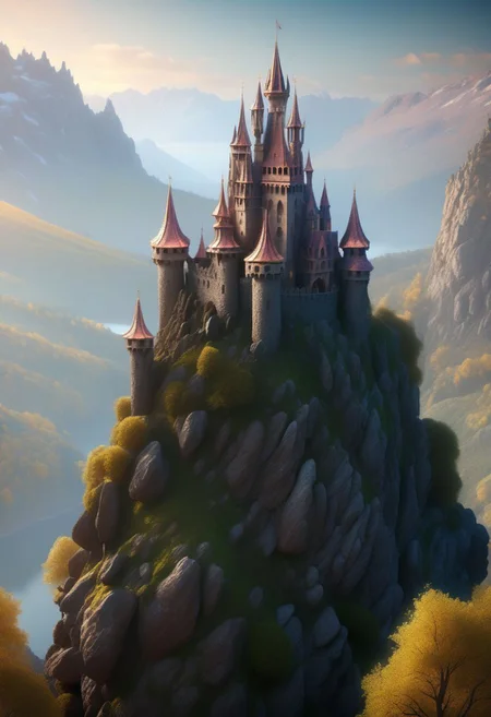 8K, fairy tale castle on a (rock spire), mountain on background