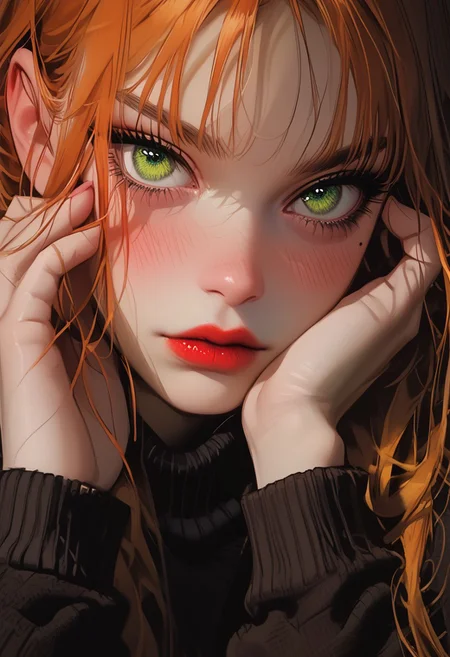 score_9, score_8_up, score_7_up, score_6_up, masterpiece, best quality, amazing quality, very aesthetic, 1girl, long hair, orange hair, green eyes, (perfect round face), (blush), looking at viewer, Detailed, intimate, clear, personal, highly contrasted, (hand on hair), sweater, athletic, dark red lipstick, face focus, close up, perfect hands,
