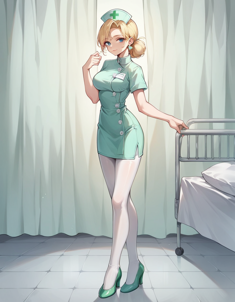 score_9, score_8_up, score_7_up, score_6_up, best quality, 1girl, nurse, solo, long blonde hair, blue eyes, hud_nrse_vintg, white nurse cap, white pantyhose, green dress, white buttons, short sleeves, jewelry, earrings, breasts, green high heels, <lora:nurse-000008:0.7>, slight smile, hospital room, standing